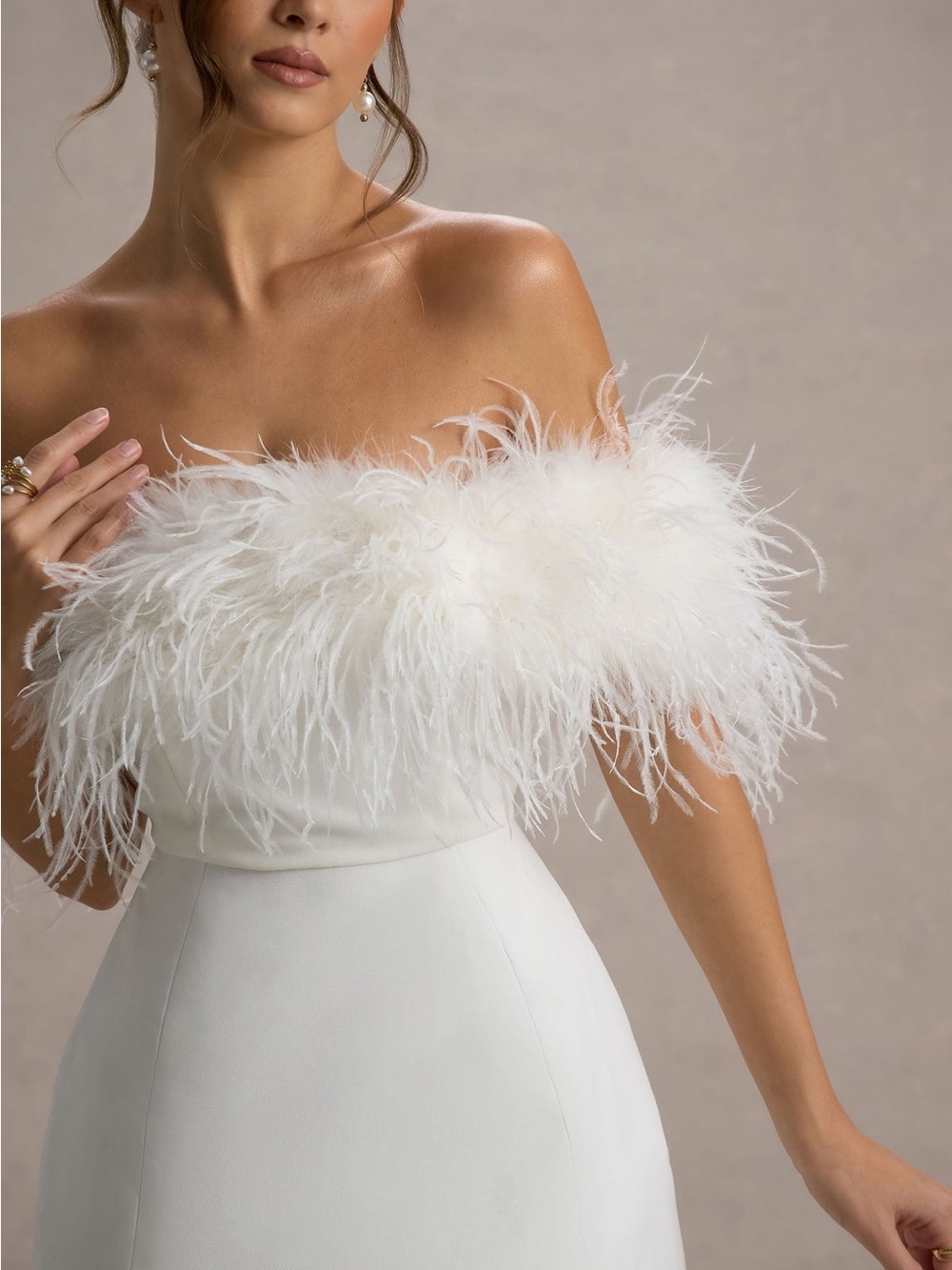 Club L London Off-Shoulder Feather Trim White Mini Dress - Picture 3 of 6